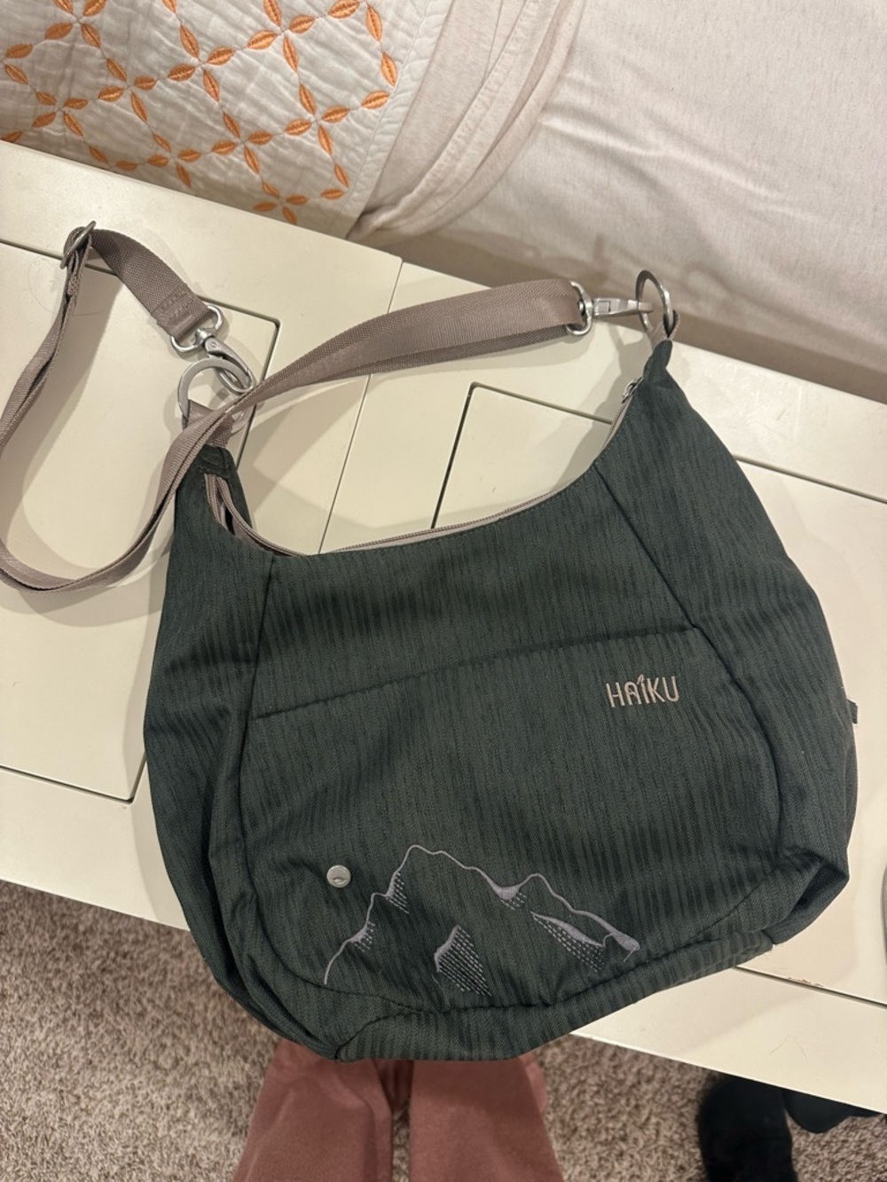Haiku Dark Green Shoulder Crossbody Bag with Taupe Strap
